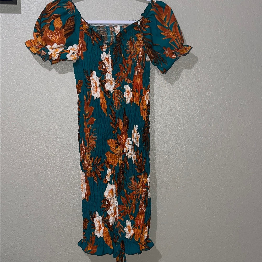SHEIN Teal and Orange Floral Midi Dress